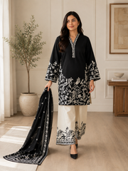 Elegant Black & Ivory Embroidered 3-Piece Pakistani Suit with Dupatta