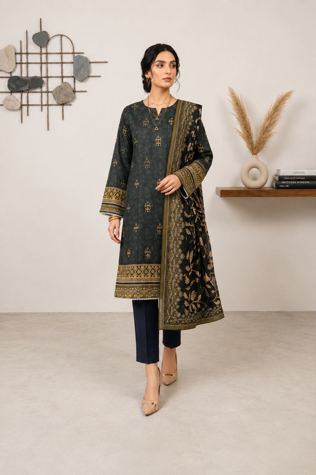Elegant Black & Olive Green 3-Piece Lawn Suit with Printed Dupatta