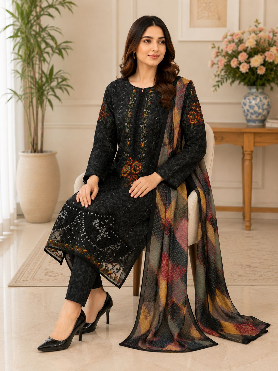 Elegant Black Embroidered 3-Piece Lawn Suit with Printed Dupatta