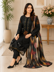 Elegant Black Embroidered 3-Piece Lawn Suit with Printed Dupatta
