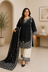 Black Embroidered 3-Piece Suit for Women | Designer Lawn Kameez with Embroidered Trouser & Dupatta