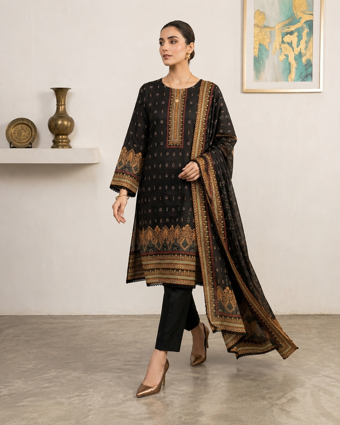 Midnight Noir Printed 3-Piece Lawn Suit with Dupatta