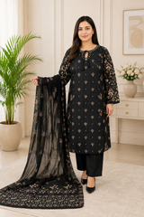 Elegant Black Embroidered 3-Piece Suit with Chiffon Dupatta