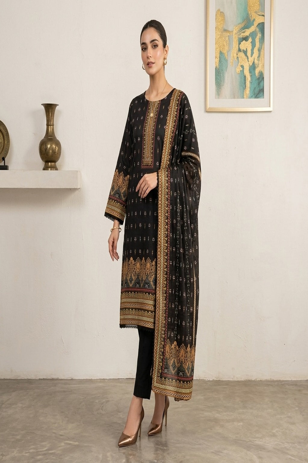 Midnight Noir Printed 3-Piece Lawn Suit with Dupatta