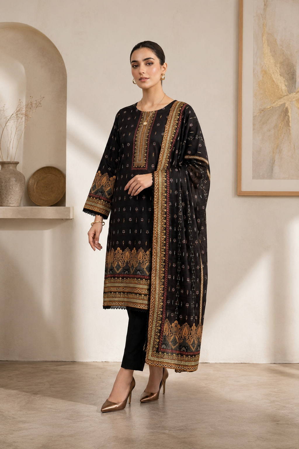 Midnight Noir Printed 3-Piece Lawn Suit with Dupatta