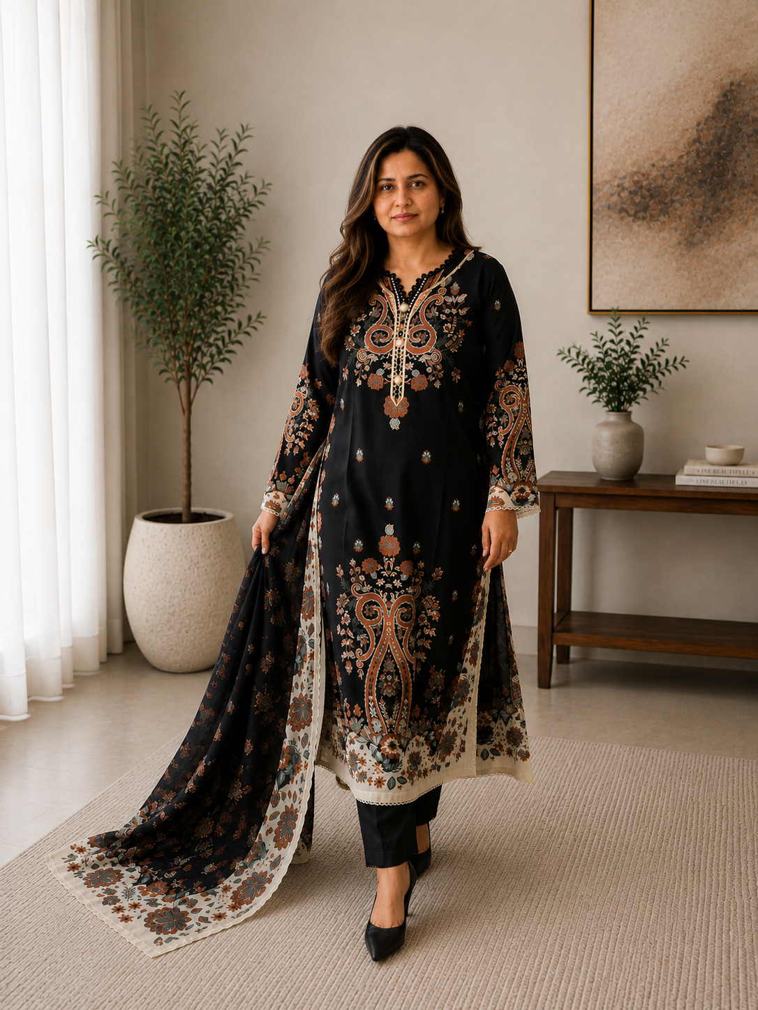Black Embroidered 3-Piece Lawn Suit with Dupatta