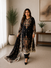 Black Embroidered 3-Piece Lawn Suit with Dupatta