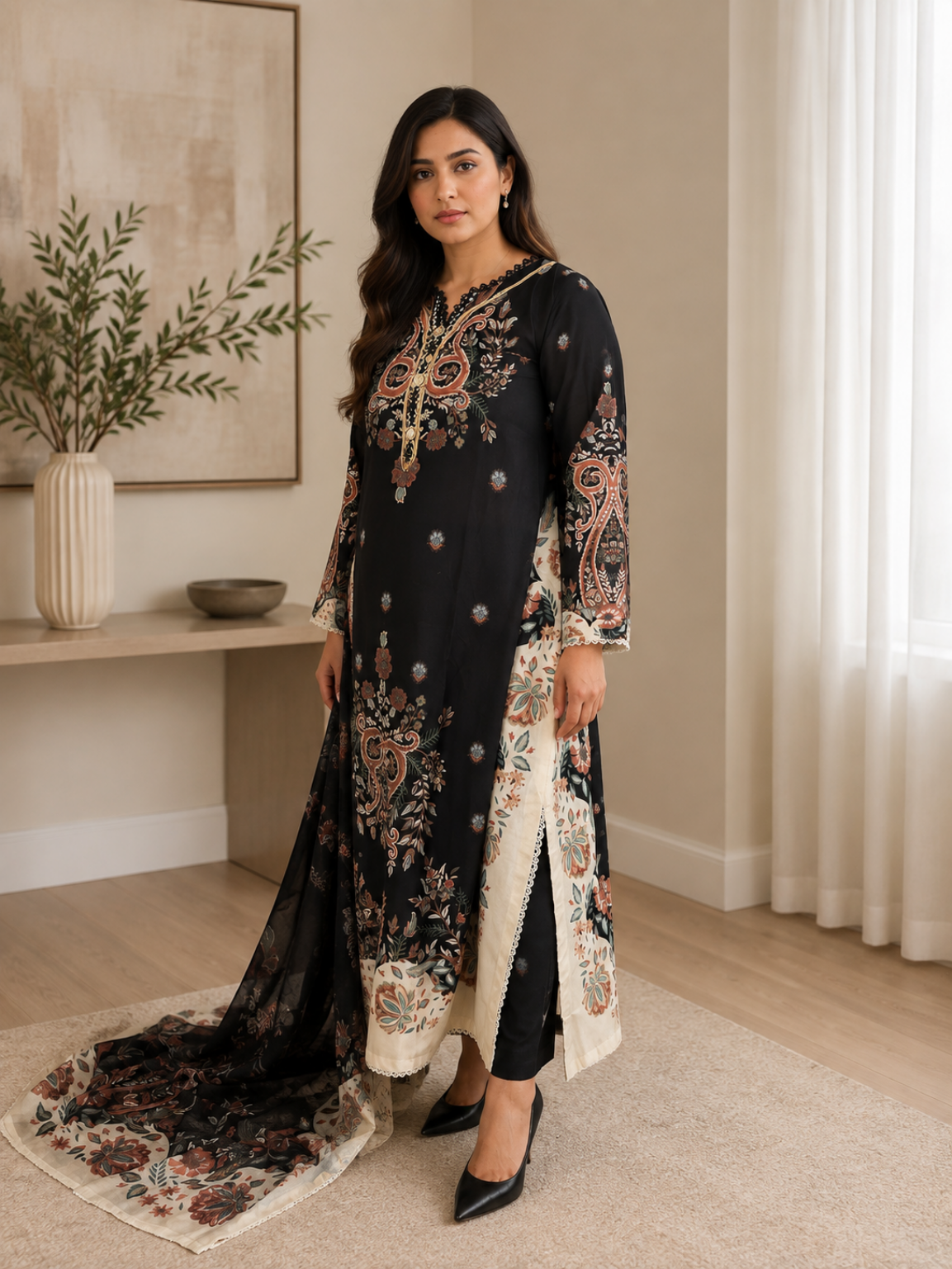 Black Embroidered 3-Piece Lawn Suit with Dupatta