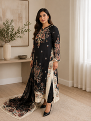 Black Embroidered 3-Piece Lawn Suit with Dupatta