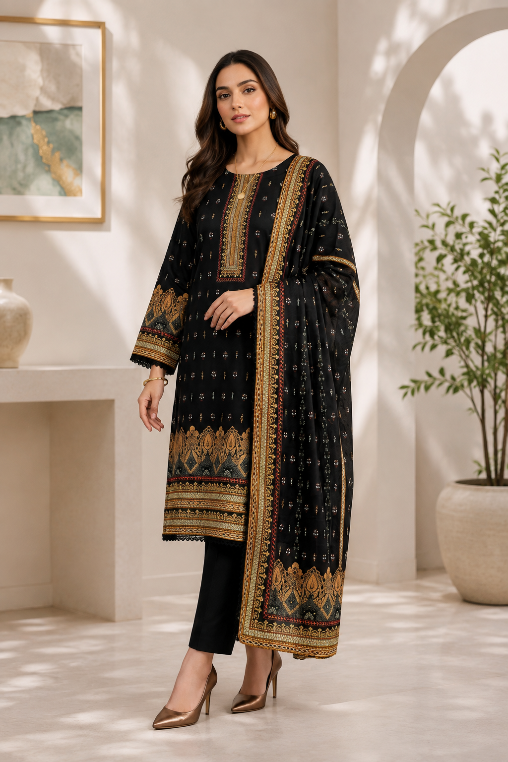 Mahogany Maroon Printed 3-Piece Suit with Dupatta  Product Description