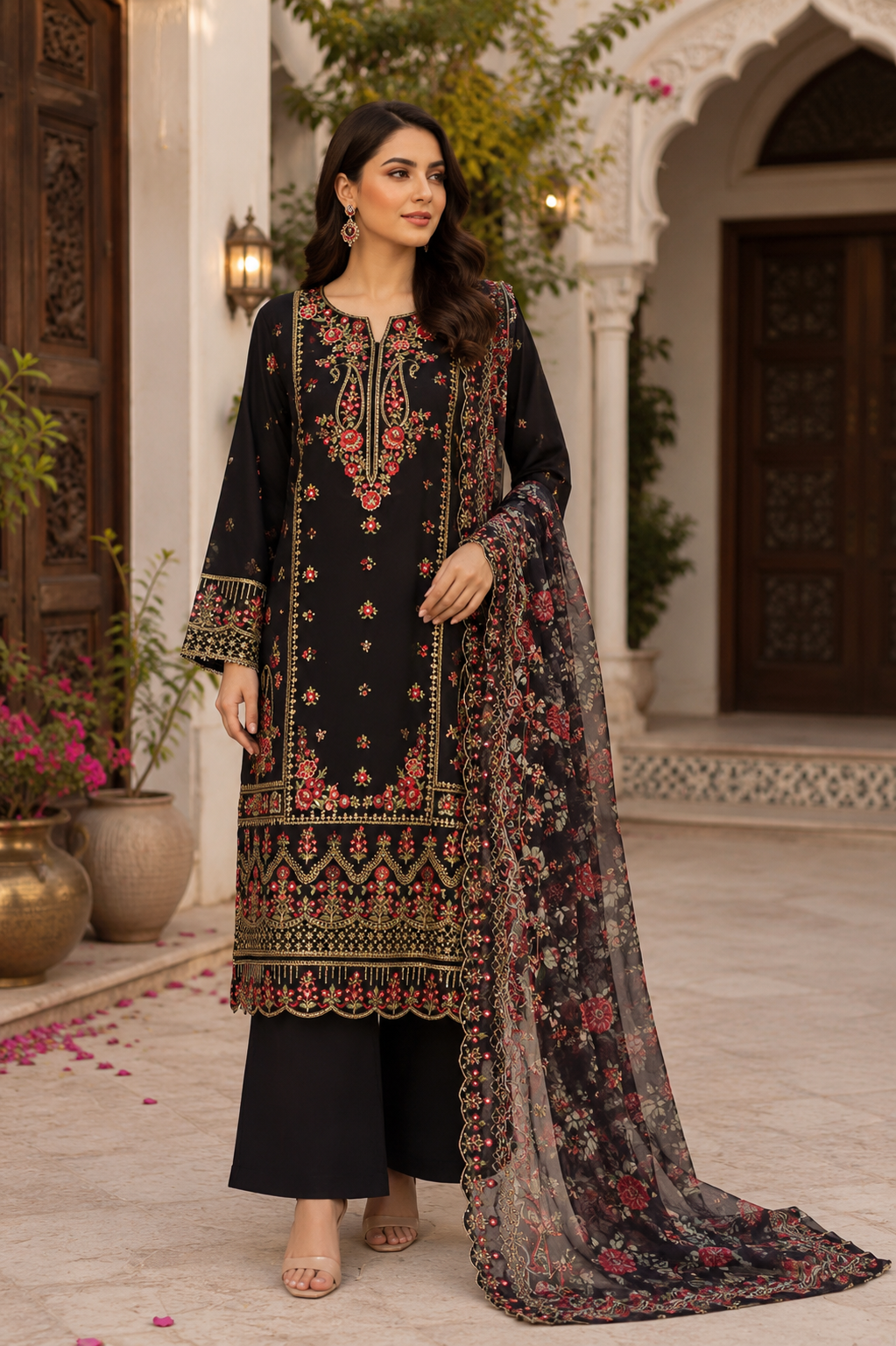 Luxury Black Embroidered Suit with Floral Dupatta | 3 Piece Formal Dress