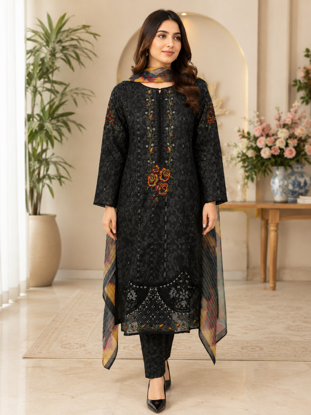 Elegant Black Embroidered 3-Piece Lawn Suit with Printed Dupatta