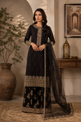 Black Embroidered Lawn Suit with Chiffon Dupatta & Embroidered Palazzo
