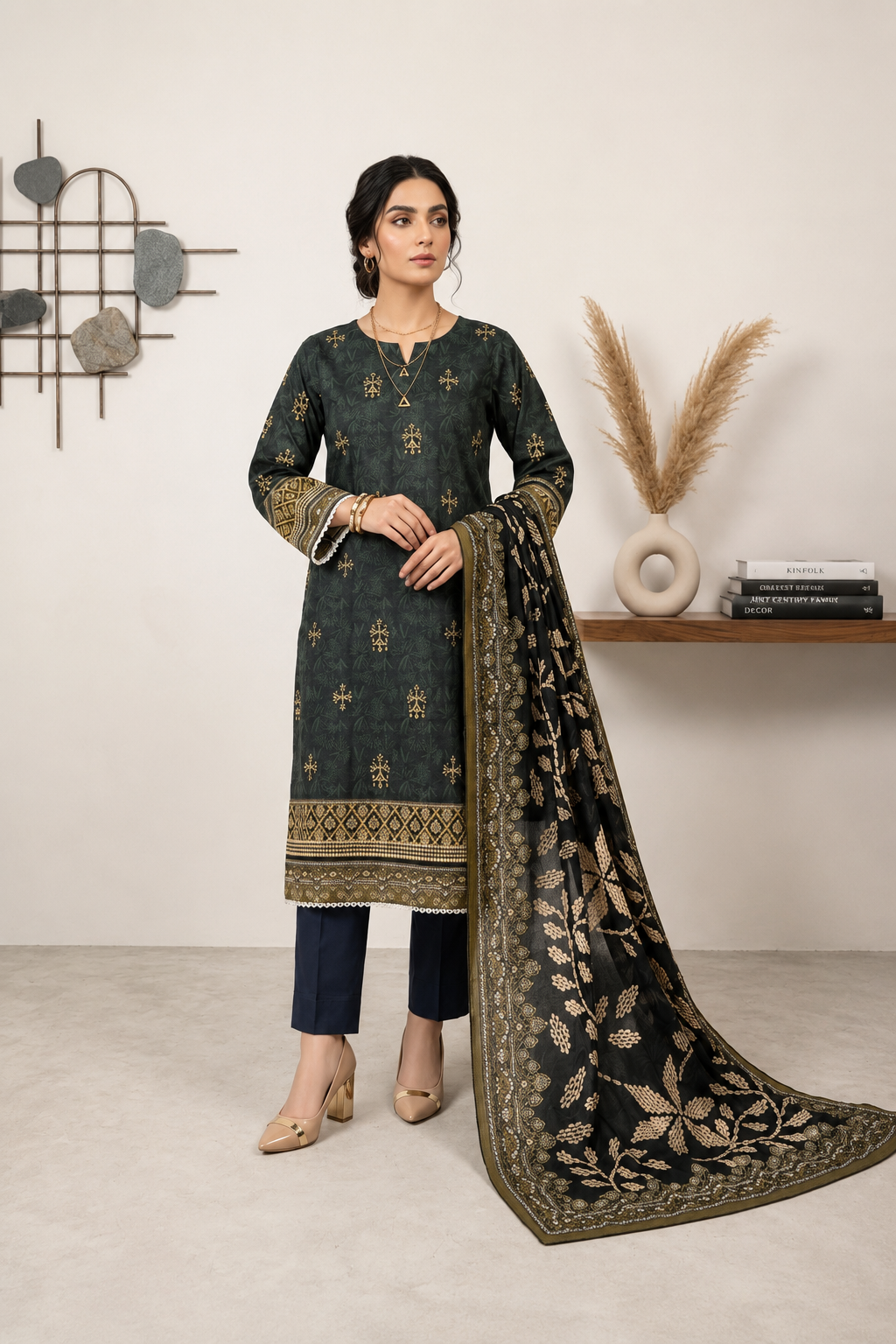 Elegant Black & Olive Green 3-Piece Lawn Suit with Printed Dupatta