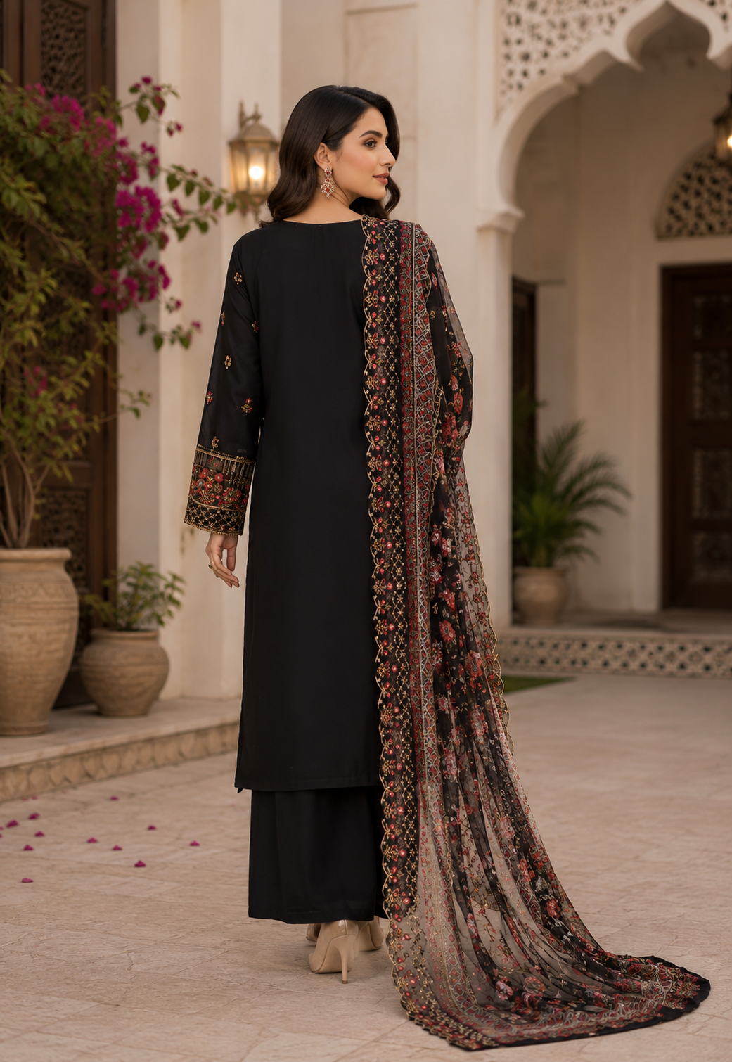 Luxury Black Embroidered Suit with Floral Dupatta | 3 Piece Formal Dress