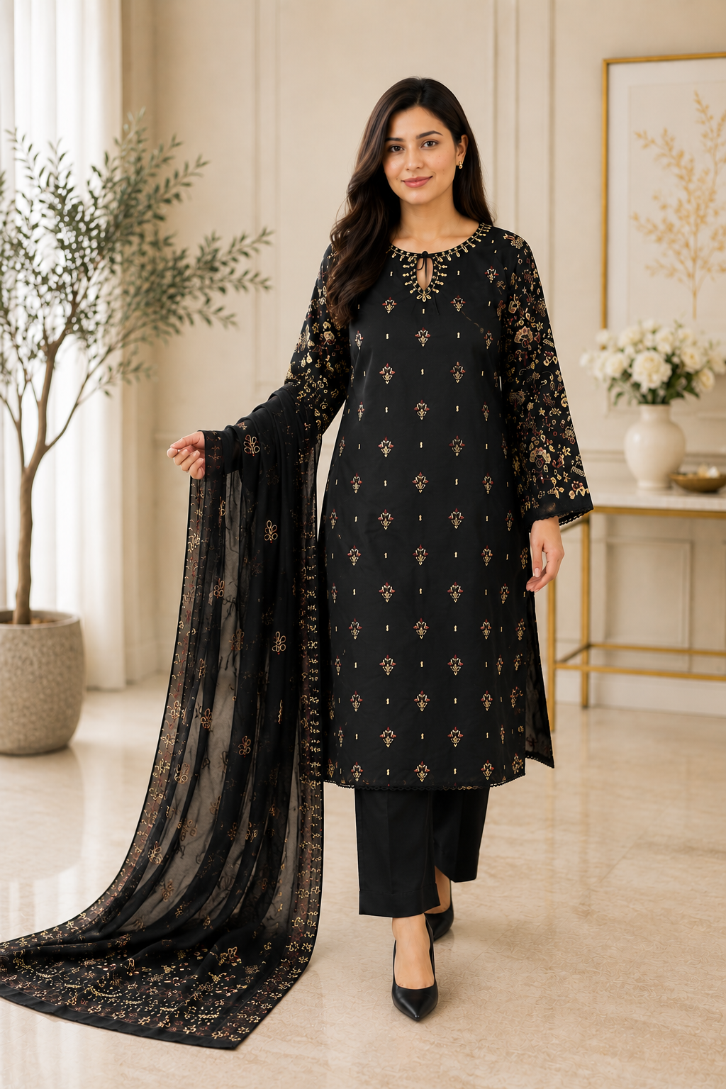 Elegant Black Embroidered 3-Piece Suit with Chiffon Dupatta