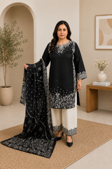 Black Embroidered 3-Piece Suit for Women | Designer Lawn Kameez with Embroidered Trouser & Dupatta
