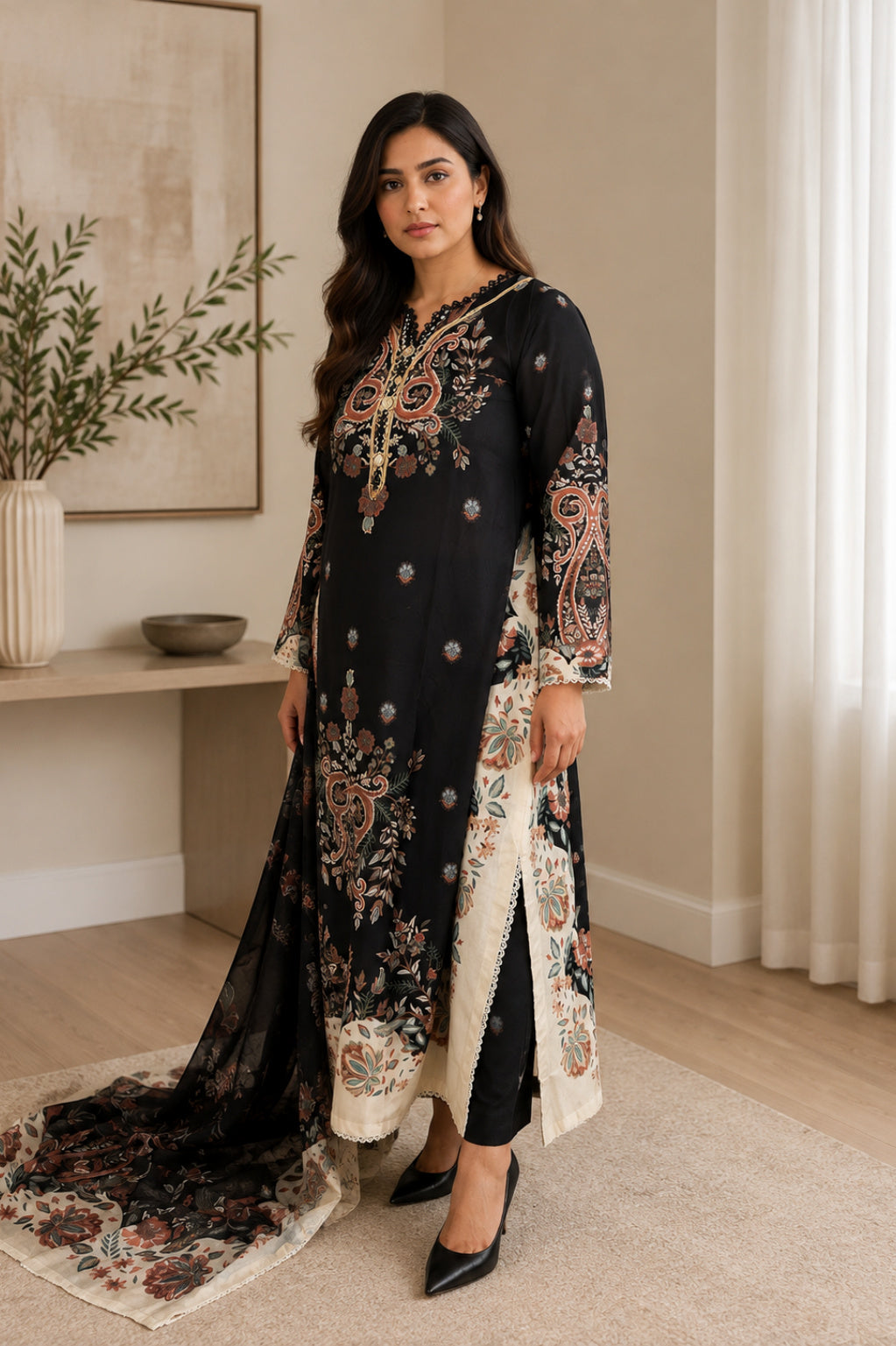 Black Embroidered 3-Piece Kaftan Dress with Dupatta
