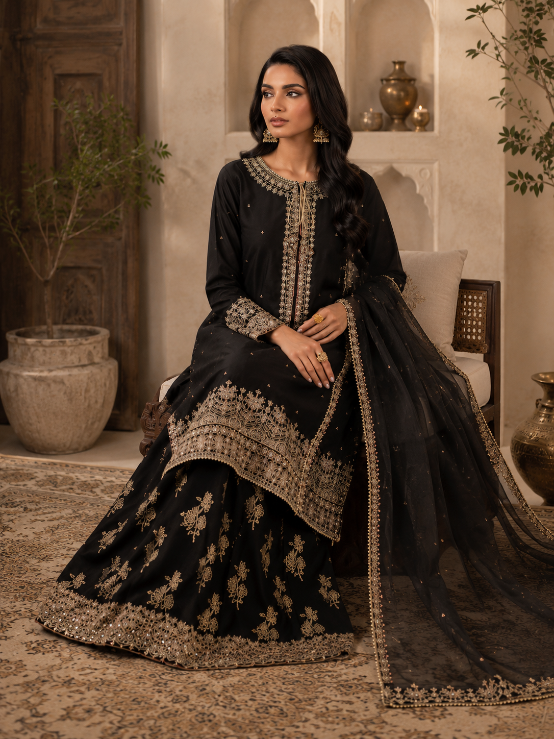 Black Embroidered Lawn Suit with Chiffon Dupatta & Embroidered Palazzo