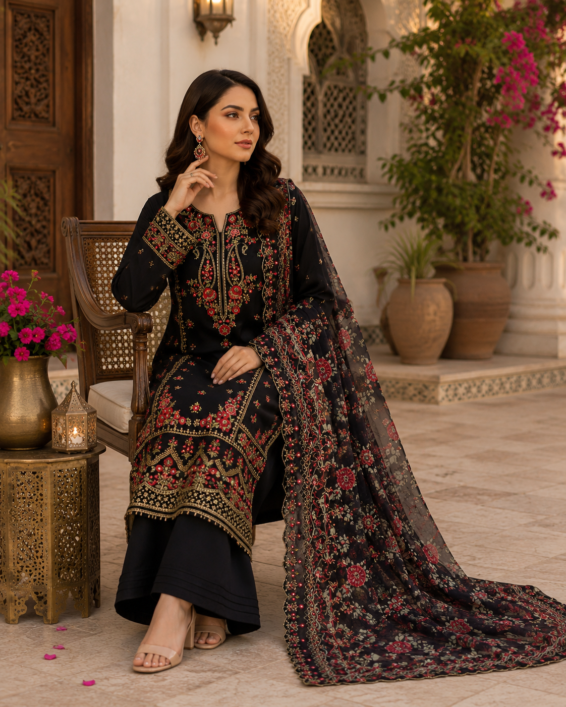 Luxury Black Embroidered Suit with Floral Dupatta | 3 Piece Formal Dress