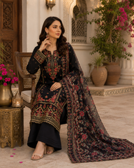 Luxury Black Embroidered Suit with Floral Dupatta | 3 Piece Formal Dress