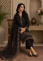 Elegant Black Embroidered Salwar Kameez with Organza Dupatta – 3 Piece Formal Suit