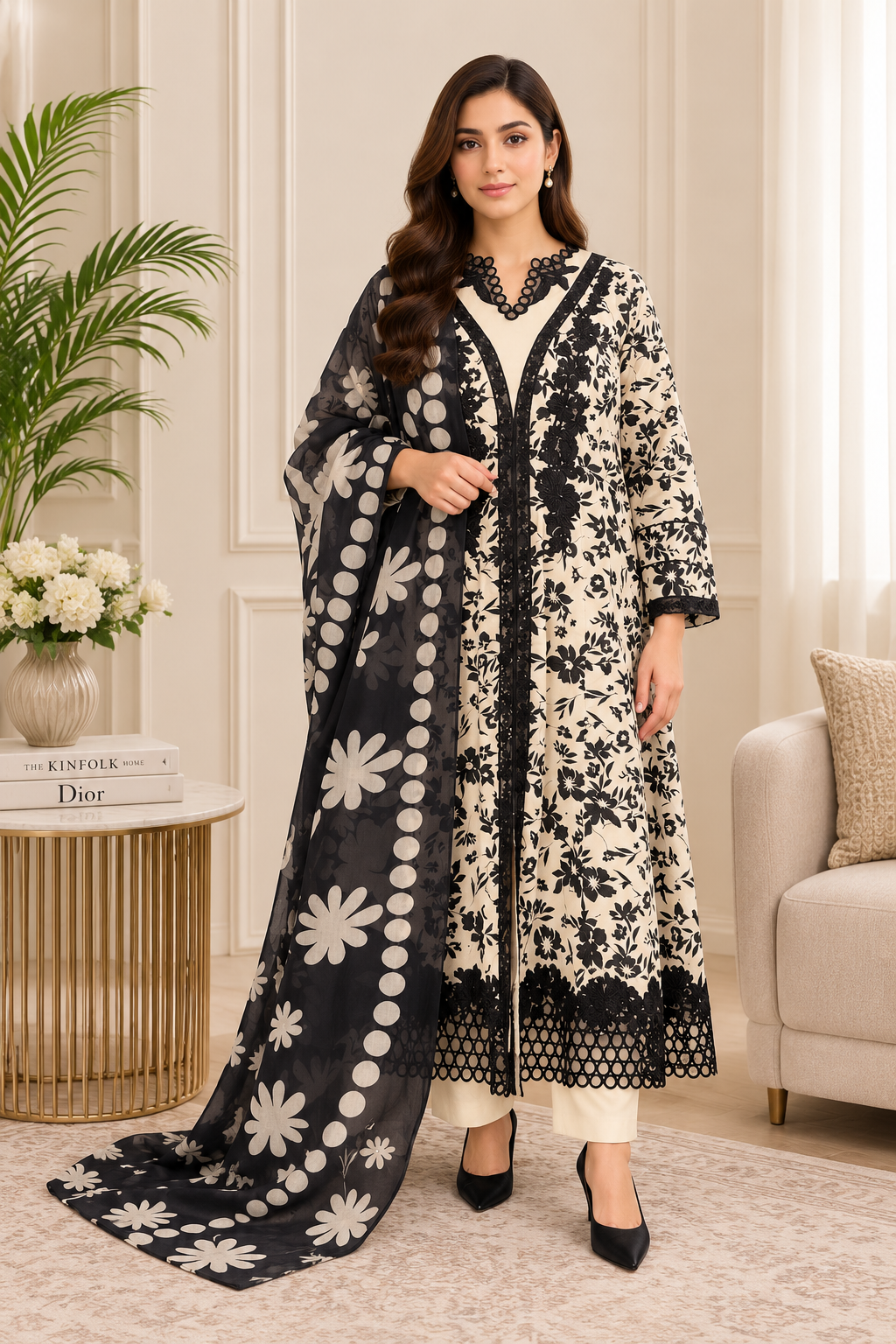 Luxury Black & Ivory Embroidered Anarkali Suit with Printed Dupatta