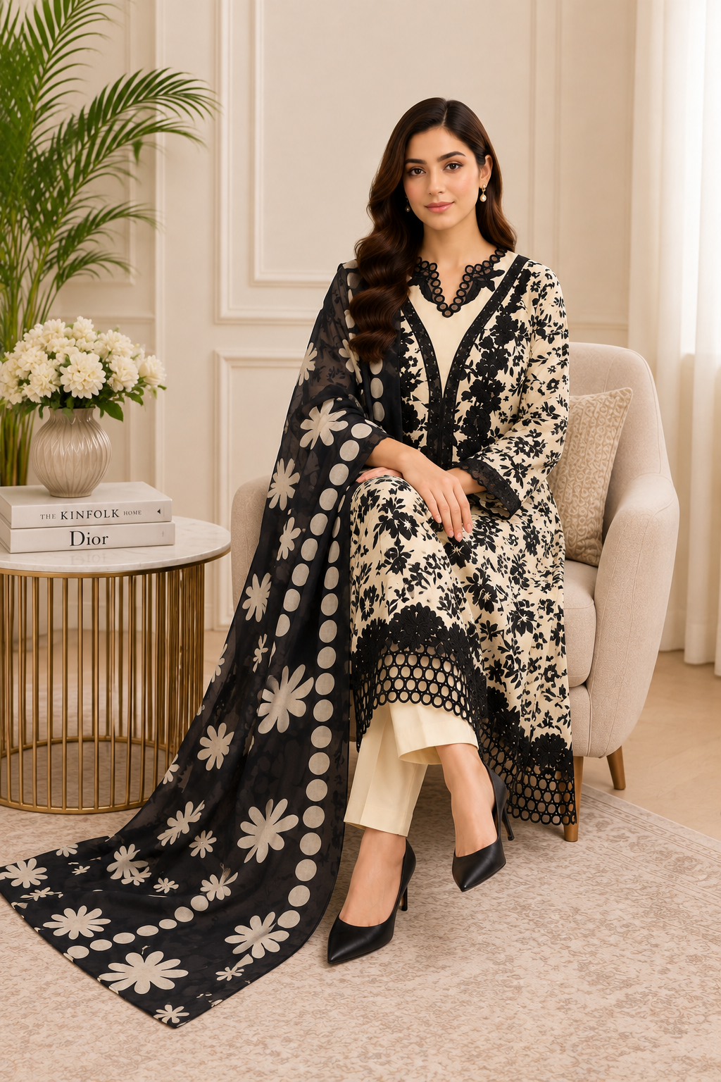 Luxury Black & Ivory Embroidered Anarkali Suit with Printed Dupatta