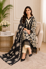 Luxury Black & Ivory Embroidered Anarkali Suit with Printed Dupatta