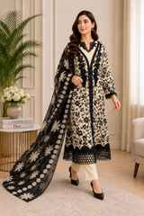 Luxury Black & Ivory Embroidered Anarkali Suit with Printed Dupatta