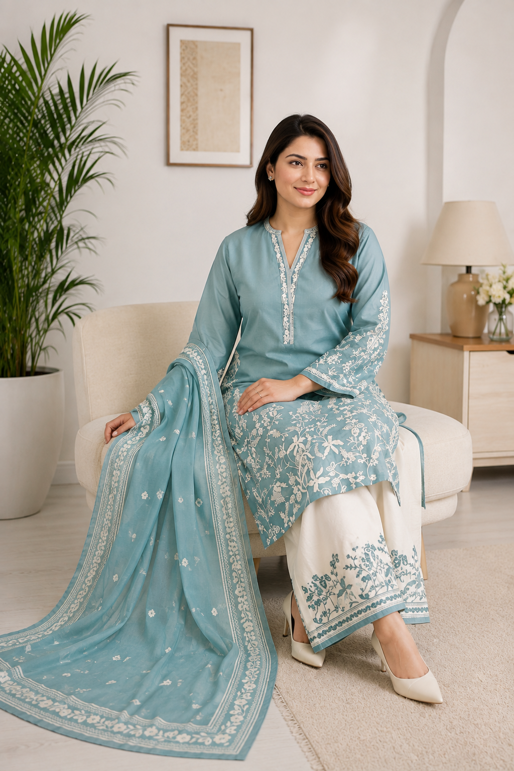Seafoam Blue Embroidered Lawn Suit with Printed Dupatta & Embroidered Trouser | 3-Piece Women's Ethnic Wear