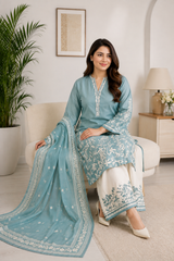 Seafoam Blue Embroidered Lawn Suit with Printed Dupatta & Embroidered Trouser | 3-Piece Women's Ethnic Wear