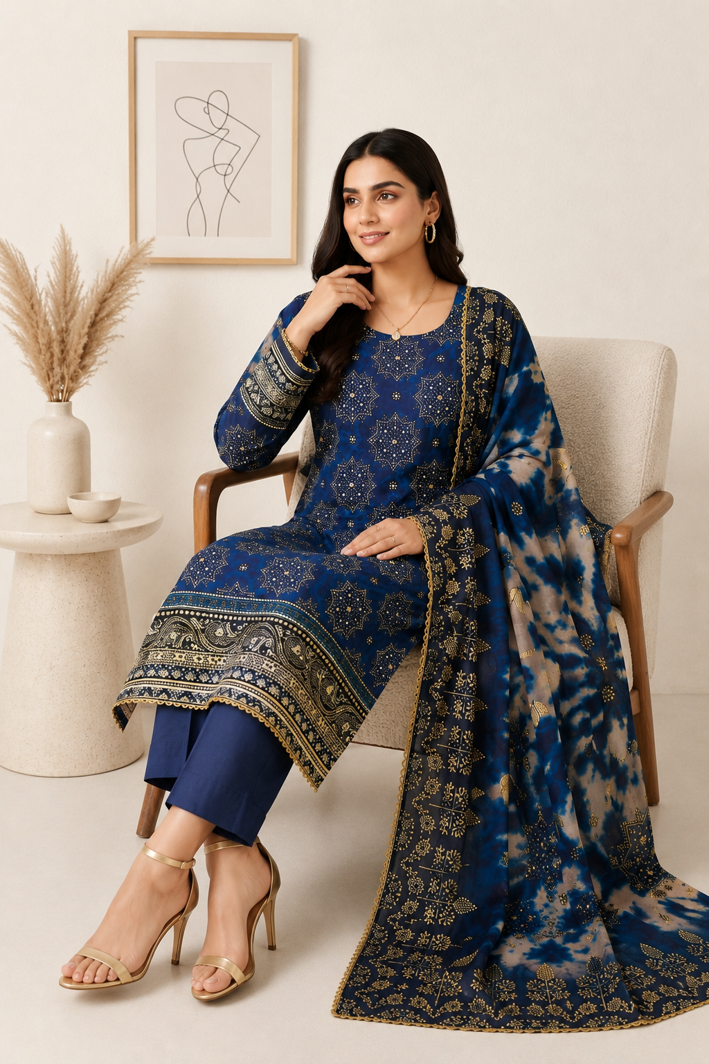 Elegant Navy Blue 3-Piece Lawn Suit with Printed Dupatta