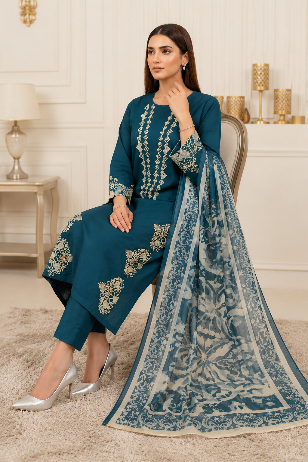 Elegant Teal Blue 3-Piece Lawn Suit with Dupatta