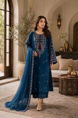 Elegant Teal Embroidered 3 Piece Suit for Women