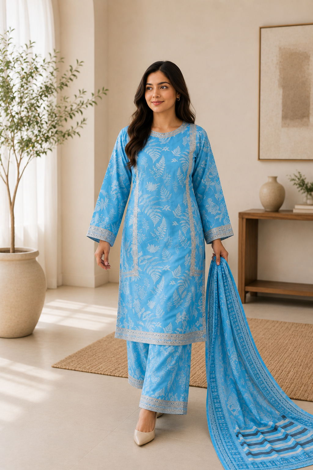 Sky Blue Botanical Print 3-Piece Suit with Dupatta