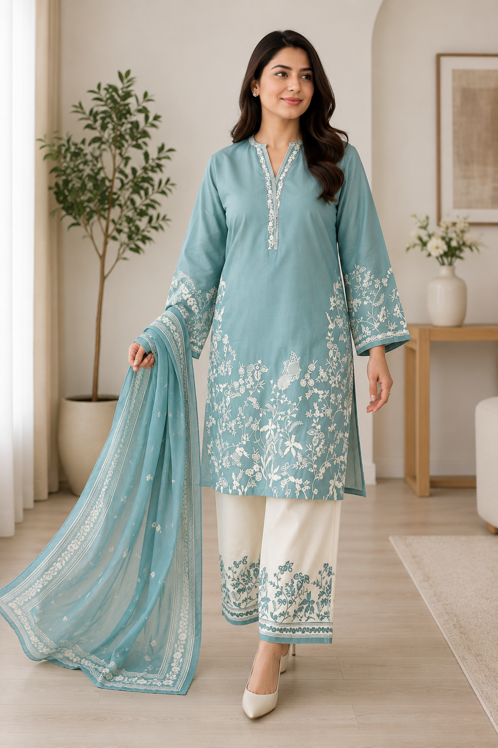 Seafoam Blue Embroidered Lawn Suit with Printed Dupatta & Embroidered Trouser | 3-Piece Women's Ethnic Wear