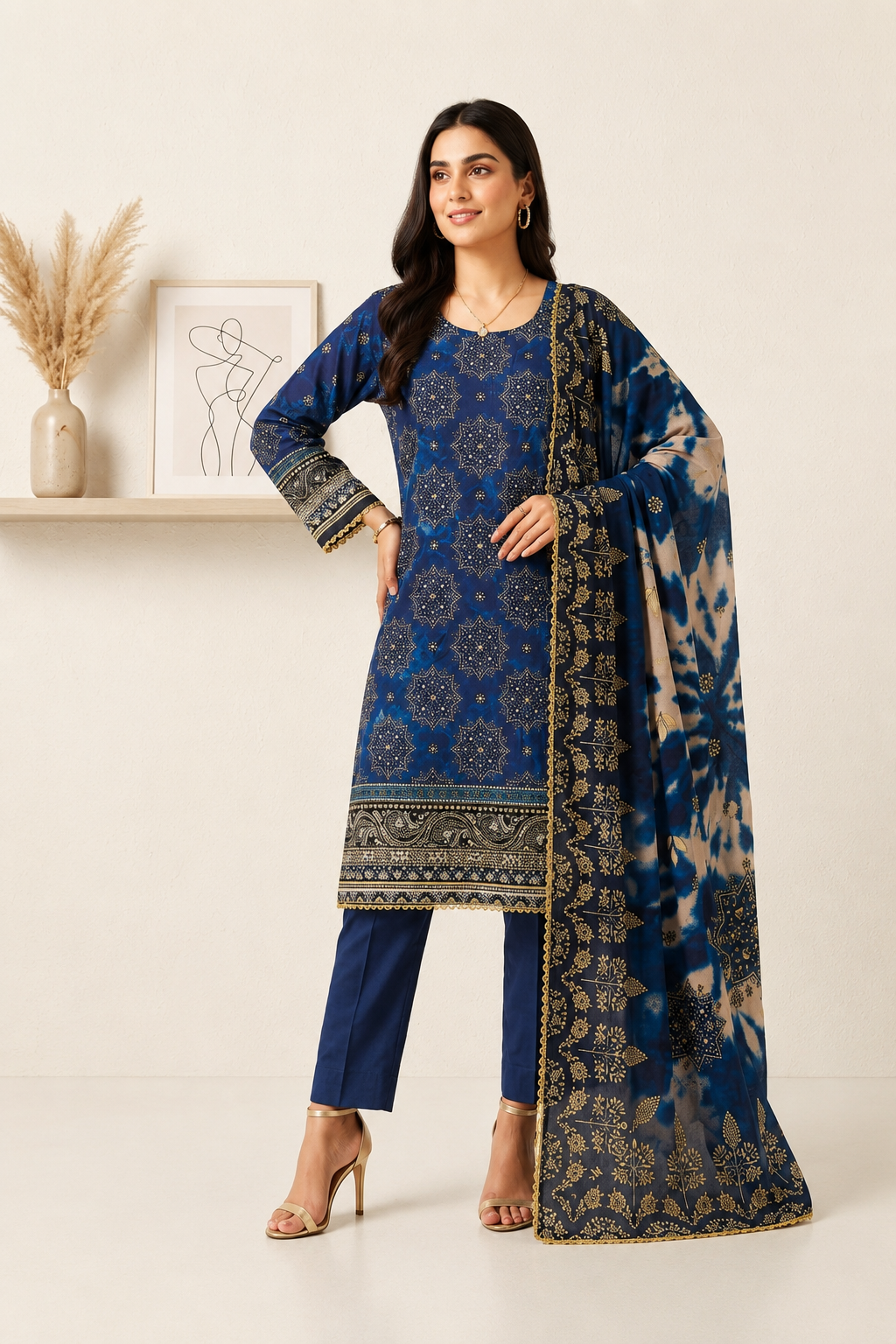Elegant Navy Blue 3-Piece Lawn Suit with Printed Dupatta