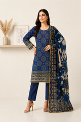 Elegant Navy Blue 3-Piece Lawn Suit with Printed Dupatta
