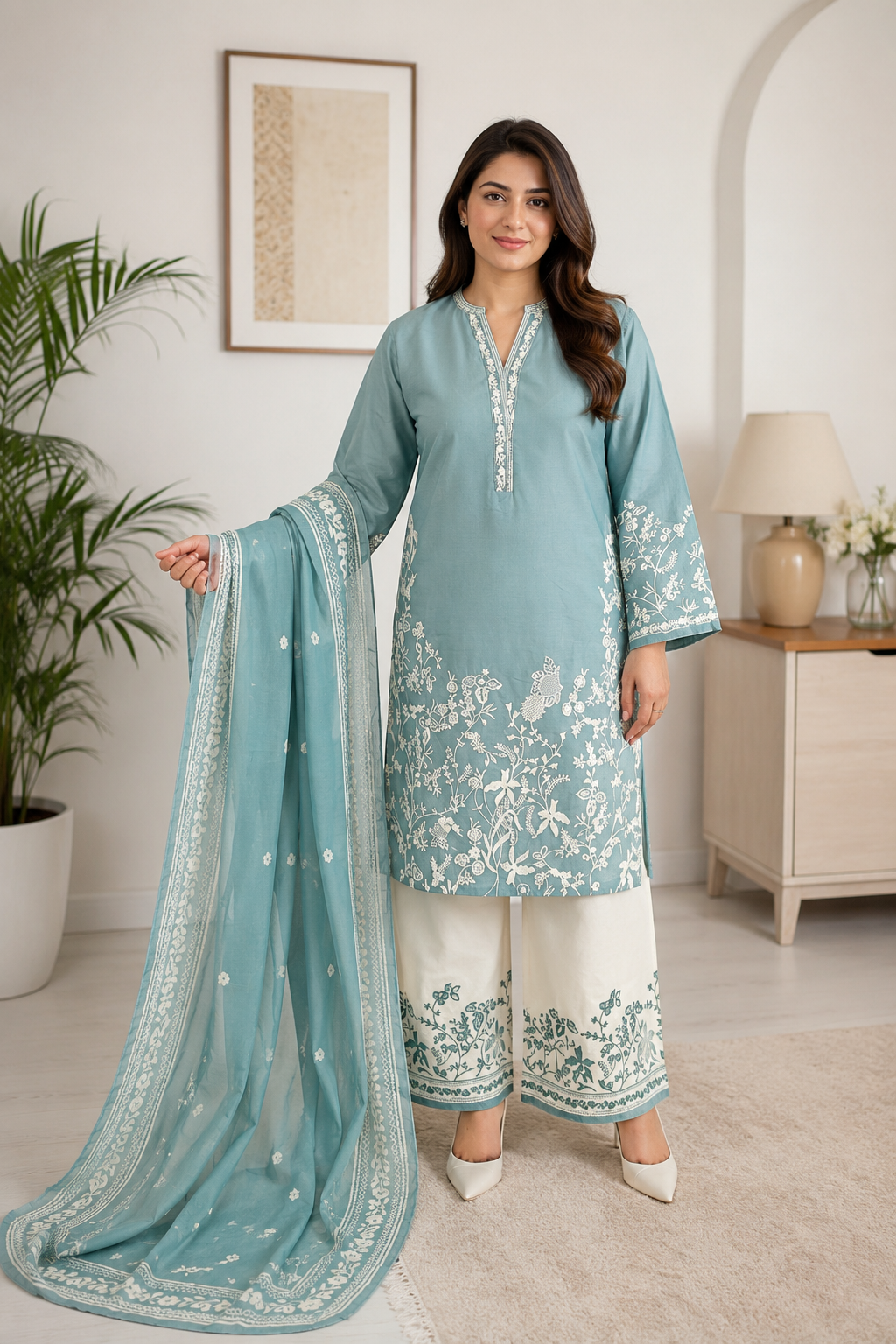 Seafoam Blue Embroidered Lawn Suit with Printed Dupatta & Embroidered Trouser | 3-Piece Women's Ethnic Wear