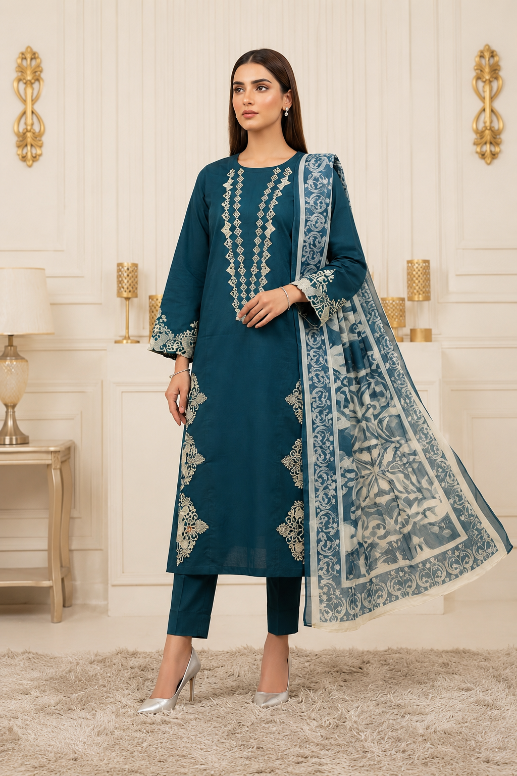 Elegant Teal Blue 3-Piece Lawn Suit with Dupatta