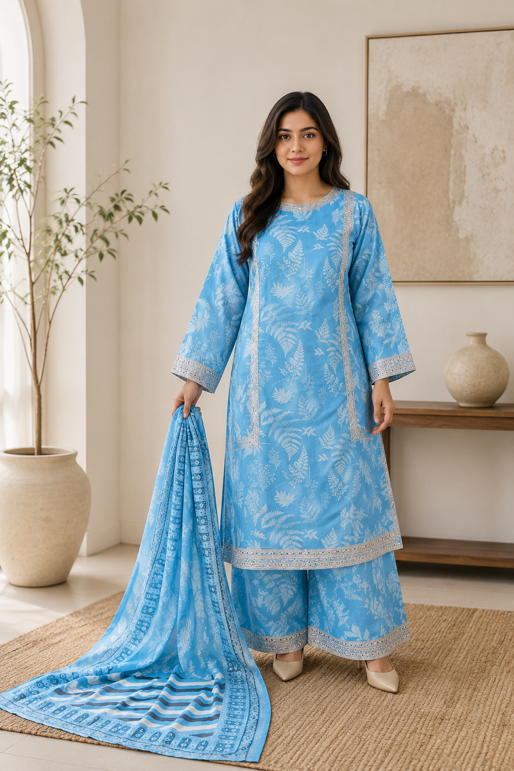 Sky Blue Botanical Print 3-Piece Suit with Dupatta