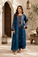 Elegant Teal Embroidered 3 Piece Suit for Women