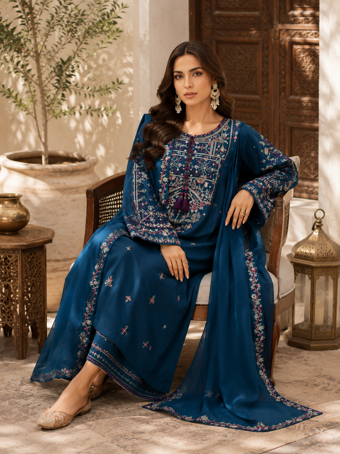 Elegant Teal Embroidered 3 Piece Suit for Women