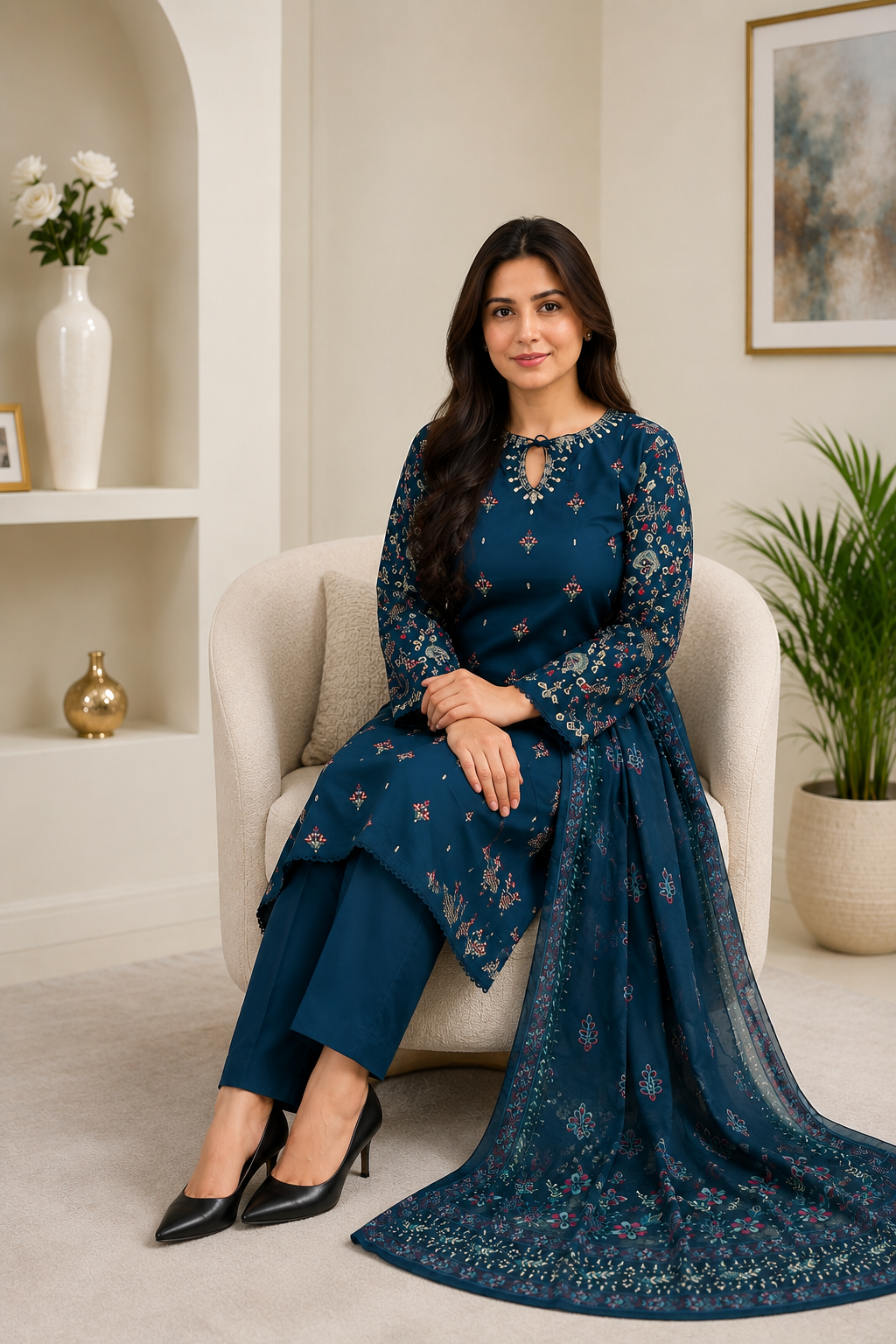 Elegant Navy Blue Embroidered Salwar Kameez with Printed Dupatta | 3-Piece Women's Suit