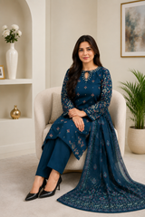 Elegant Navy Blue Embroidered Salwar Kameez with Printed Dupatta | 3-Piece Women's Suit