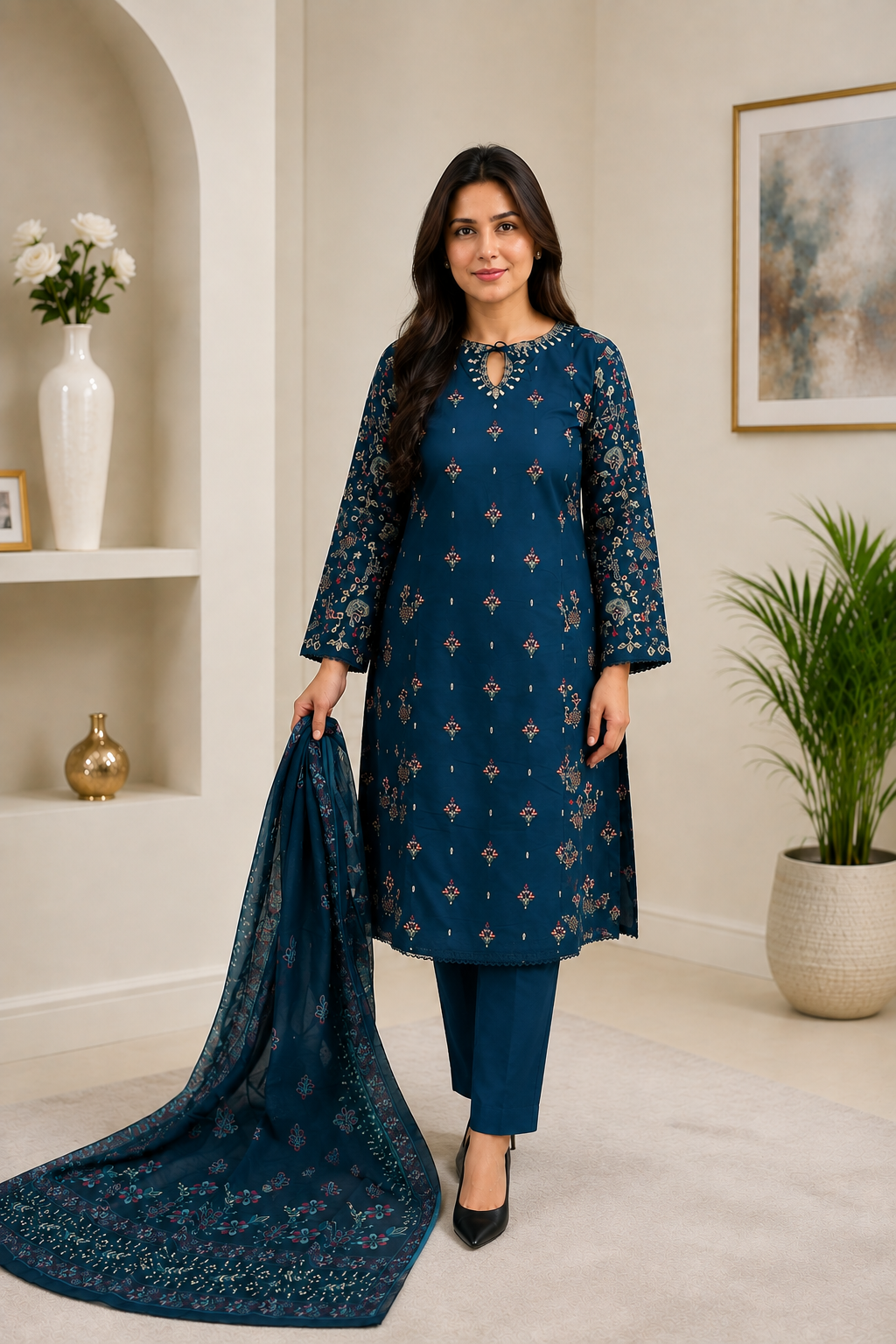 Elegant Navy Blue Embroidered Salwar Kameez with Printed Dupatta | 3-Piece Women's Suit