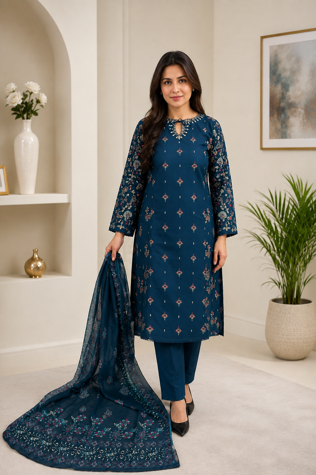 Elegant Navy Blue Embroidered Salwar Kameez with Printed Dupatta | 3-Piece Women's Suit