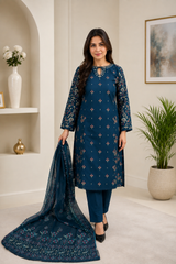 Elegant Navy Blue Embroidered Salwar Kameez with Printed Dupatta | 3-Piece Women's Suit