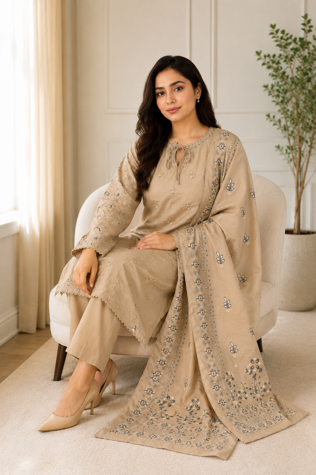 Beige Embroidered Pakistani 3-Piece Suit with Floral Dupatta